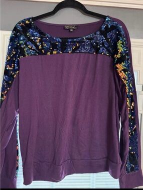 DG2 by Diane Gilman Purple Sequin-Trim Long Sleeve Top